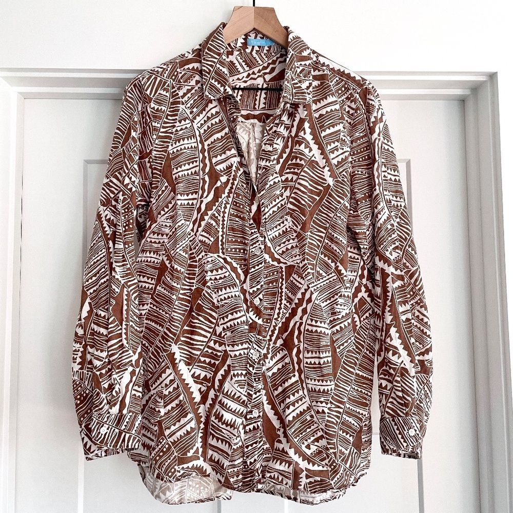 J. Mclaughlin Britt Linen Brown White Leaf Print Button Down Shirt Large